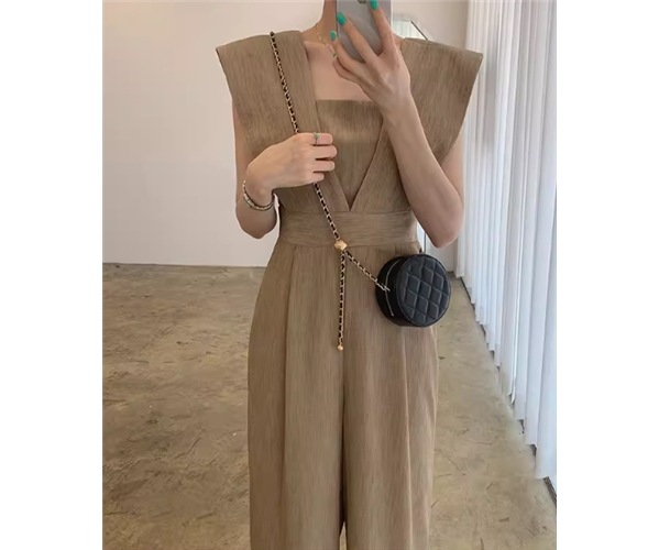 レディース パンツ オールインワン フルレングス 袖なし ノースリーブ スクエアネック ワイド スリム 細身 ウエストリボン ハイウエスト 大人可愛い きれいめ シンプル カジュアル 上品 おしゃれ