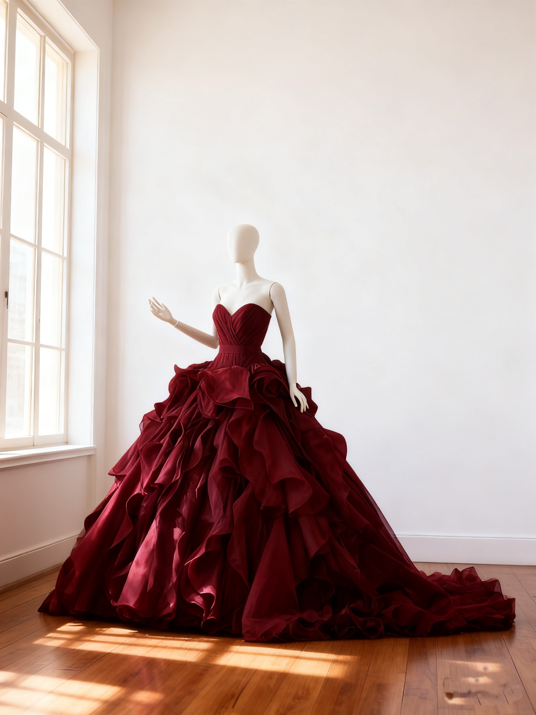 カラードレス ボルドー色 アシンメトリードレス ボリュームドレス 華やかなトレーン 結婚式
