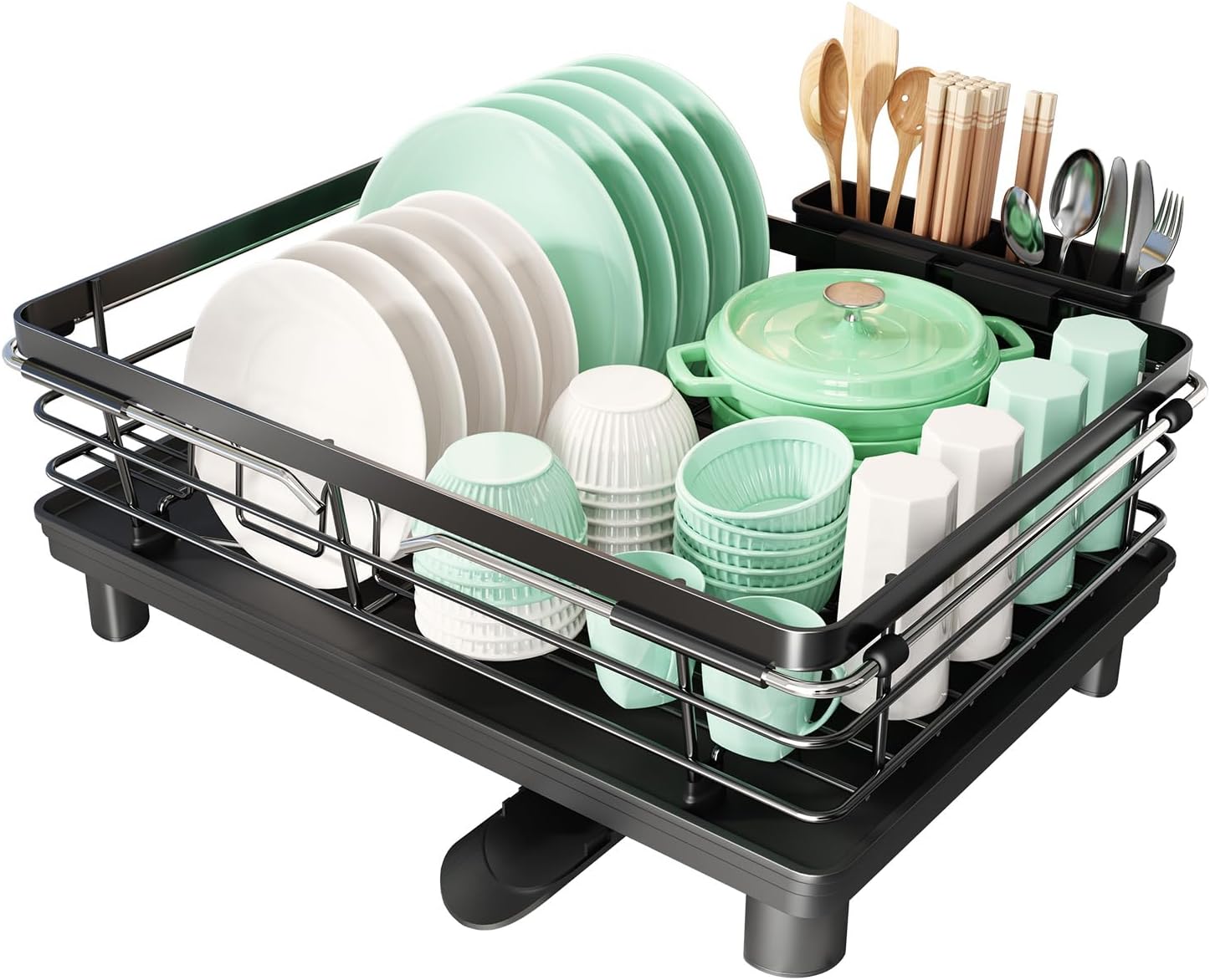 ステンレス製伸縮式水切りラック シンク上・シンク内兼用 大容量自動排水 水切りボード付き