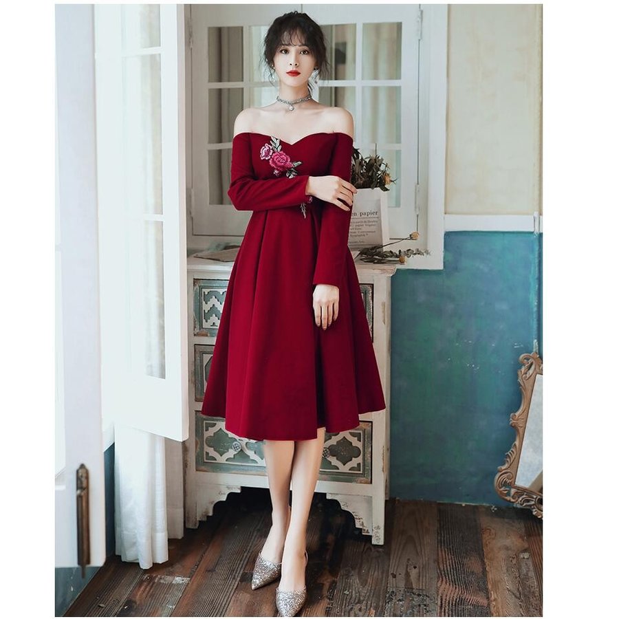 パーティードレス Aラインワンピース 結婚式 袖あり ミモレ丈ドレス ウエディングドレス 大きいサイ