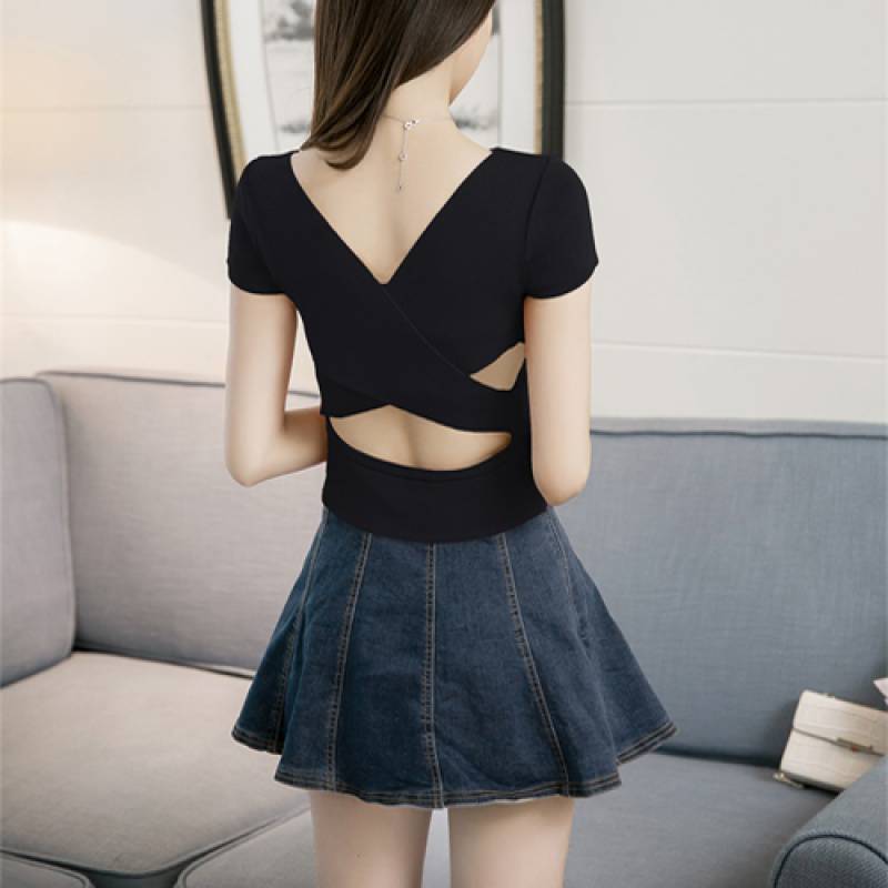 トップス 袖あり 半袖 Vネック タイト 細身 バックオープン ニット かわいい 大人可愛い カジュアル 大人 上品 おしゃれ 大人可愛い ラブリー キュート セクシー 無地 夏 10代 20代 wt