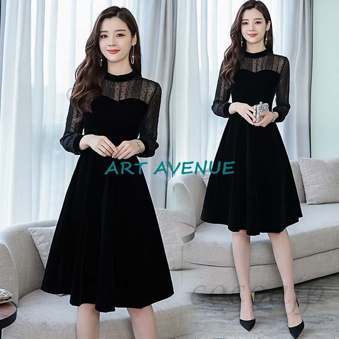 2020春ベルベット ワンピース ファッション結婚式 ベロア ワンピース パーティードレス 二次会 レース 膝丈 披露宴 お呼ばれ 大人 20代30代40代50代