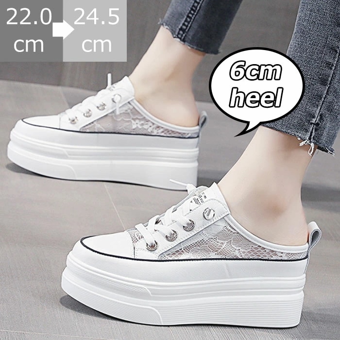かかとなしスニーカー 厚底スニーカー 6cmヒール レディース 軽量 レザー レース 花柄 刺繍 スリッポン ローカット スリッポン インヒールスニーカー インヒールスリッポン 厚底靴 透け シースル