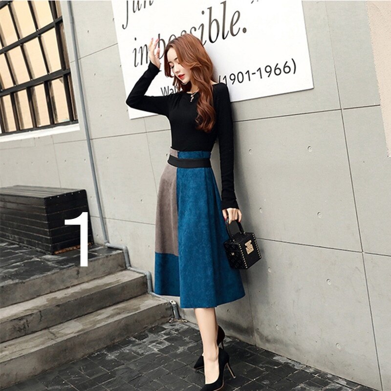 4色 ワンピース 長袖 秋冬 きれいめ aライン Aライン フレアワンピース ひざ丈 ミモレ丈 ミディアム丈 ミドル丈 ラウンドネック ボートネック スリム 細身 切り替えデザイン ドッキング ウエス