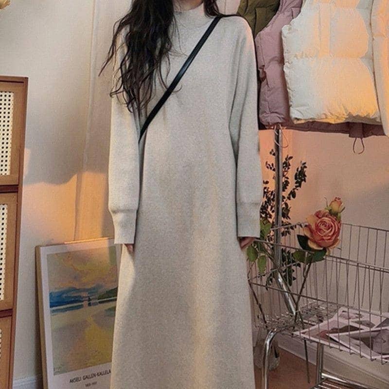韓国ファッション ベーシックニットロングワンピース ック 厚手 防寒 セクシー ワンピース インナー 着痩せ セミロング ワンピース 冬のワンピース