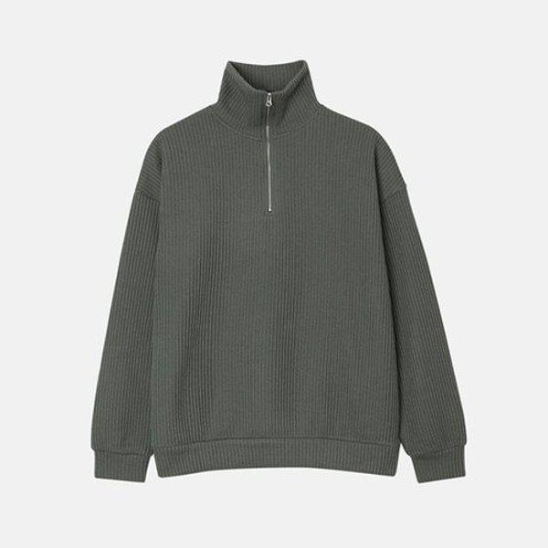 メンズ デイリー ハーフジップ ハイネック 長袖ニット RB-KN-Q002-カーキ