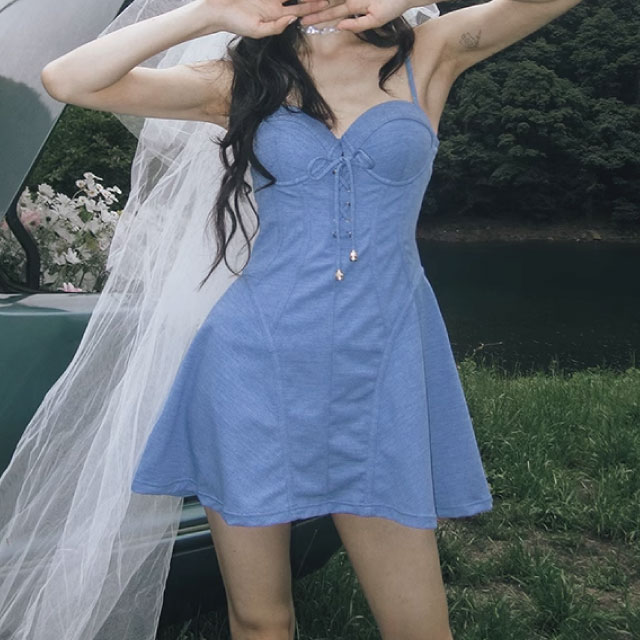 ワンピース水着 水色 リボン フレア