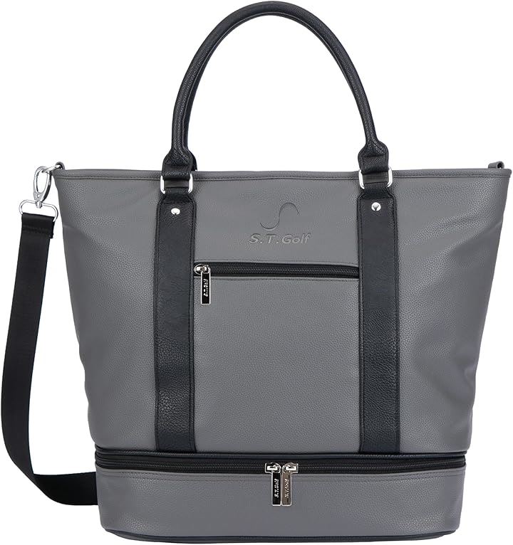 ゴルフ トートバッグ メンズ 高級PUレザー 大容量 シューズ収納可 3WAY 型押しロゴ ショルダーストラップ付属 防水(グレー)