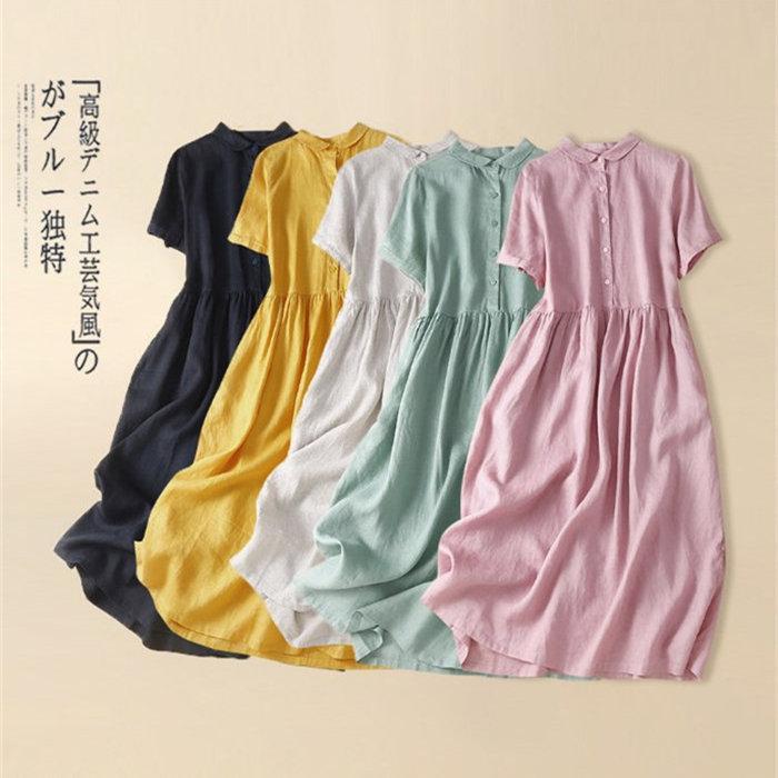 ワンピース レディース ロングワンピース ロング丈 ワンピ ロング 半袖 ロングシャツワンピース 無地 シャツワンピ リネン 体型カバー ゆったり シンプル