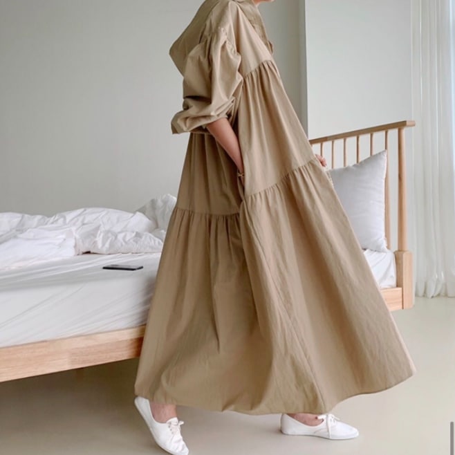 ワンピース フレアワンピース ティアードワンピース ロング ロング丈 マキシ マキシ丈 9分丈 袖あり 長袖 ボリューム袖 パフスリーブ ドロップショルダー 萌袖 Vネック フレア ワイド長袖ロング・マキシ丈ワンピ