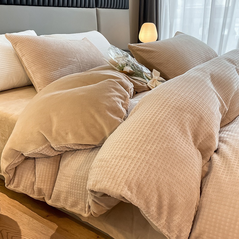 プレミアムカービングミルクフリース4ピース冬用厚手ワッフルコーラルフリース羽毛布団カバーとシーツ学生用3点セット