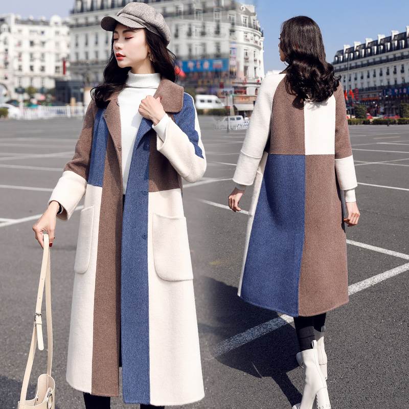 ロング チェスター コート レディース アウター 人気 厚手 ウール ルーズ 2XL 3XL 大きい ミディアム ブロック 配色 チェック柄 長袖 襟付き フロントボタン 隠しボタン ポケット 大人可