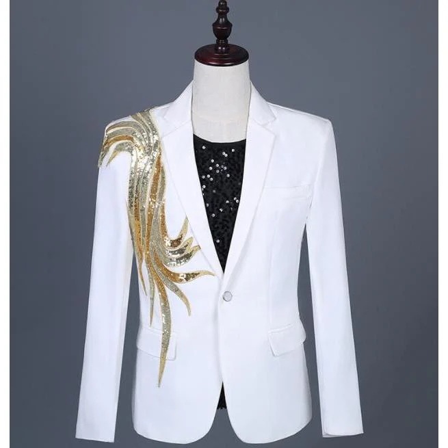 ステージ衣装メンズ スーツ ジャケット 長袖 一つ釦 金銀スパンコール おしゃれ 礼服 紳士服 男性 派手 舞台衣装 カラオケ衣装 パーティー イベント 年会 ダンス