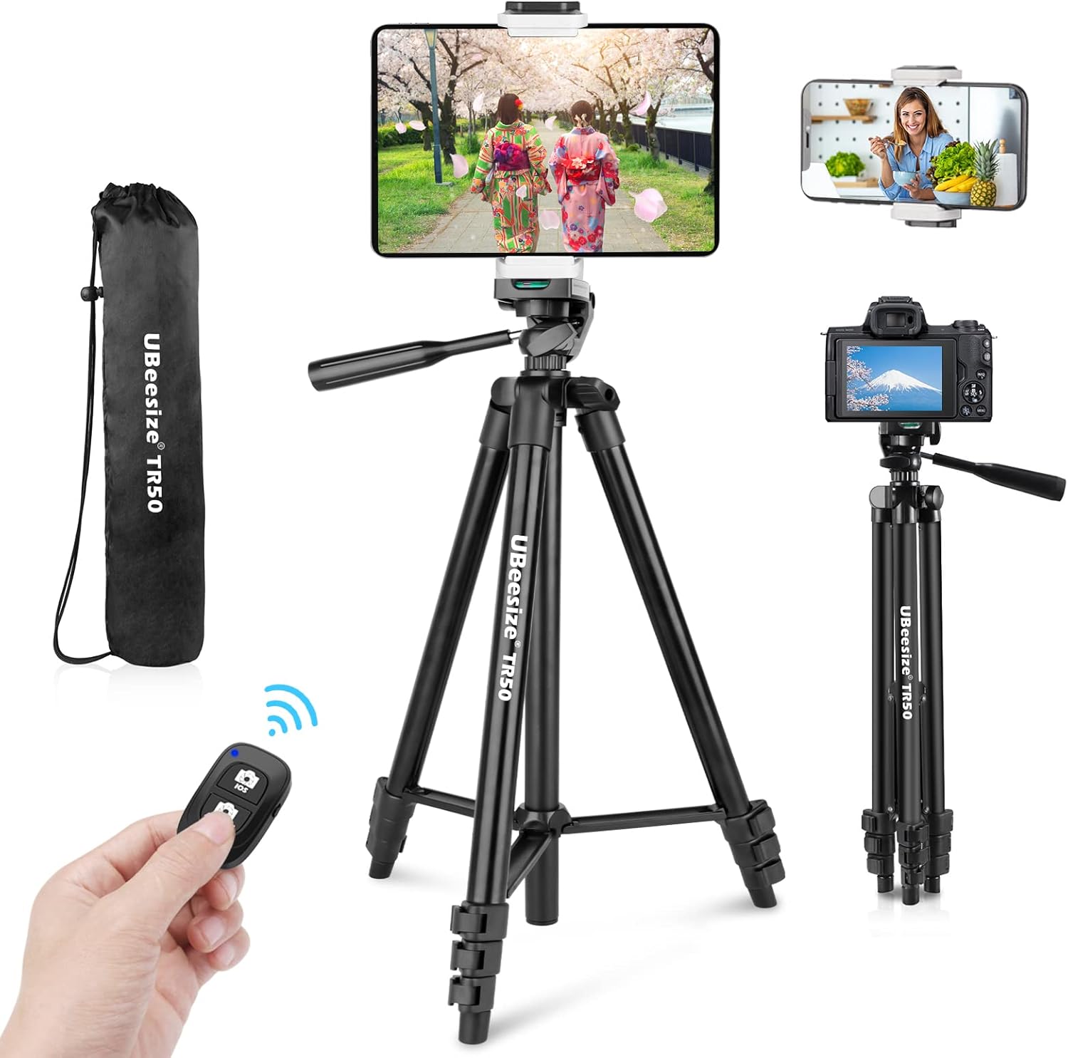 スマートフォンとタブレット用三脚 130cm リモコン付き 3WAY雲台で360度回転・パノラマ撮影可能 収納袋付き アクションカメラ対応 黒