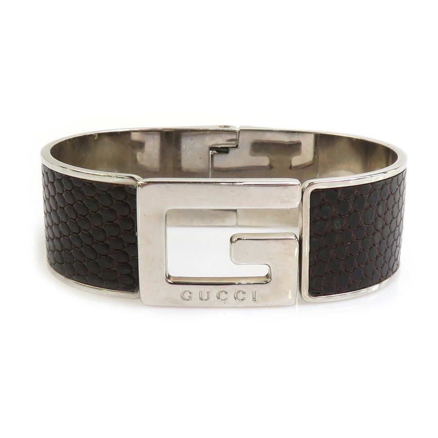 グッチ GUCCI バングル ブレスレット Gロゴ メタル/型押しレザー シルバー/ダークブラウン レディース w1073a 11,376円