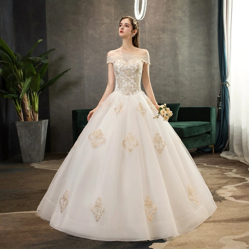 ウエディングドレス 半袖 ロングドレス 編み上げタイプ プリンセスドレス ステージドレス オフショルダー イブニングドレス フォーマルドレス 結婚式 二次会 披露宴 海外挙式ドレス wedding d