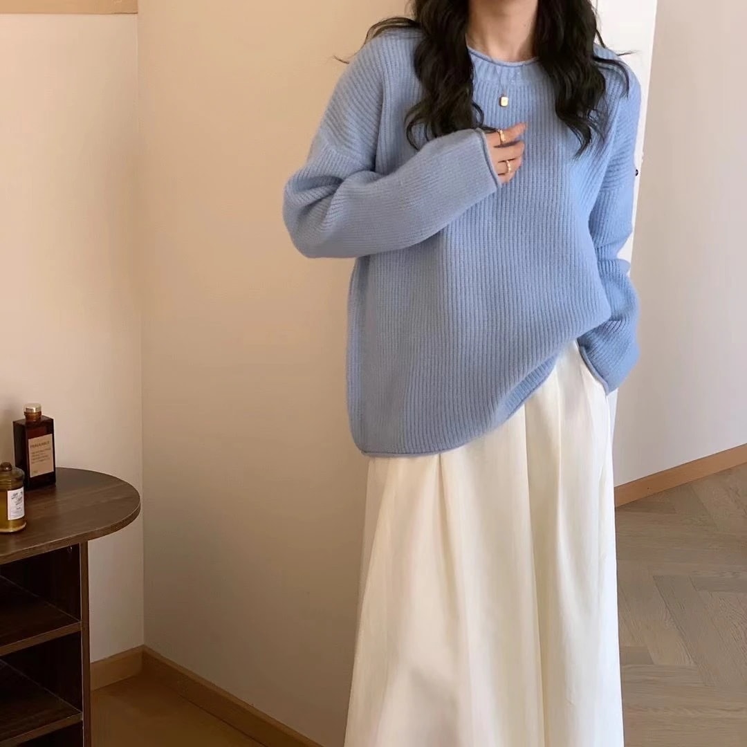 レディースセーターファッションな韓国風怠惰なスタイルルーズでスリムな秋と冬ラウンドネックプルオーバーセータートップ