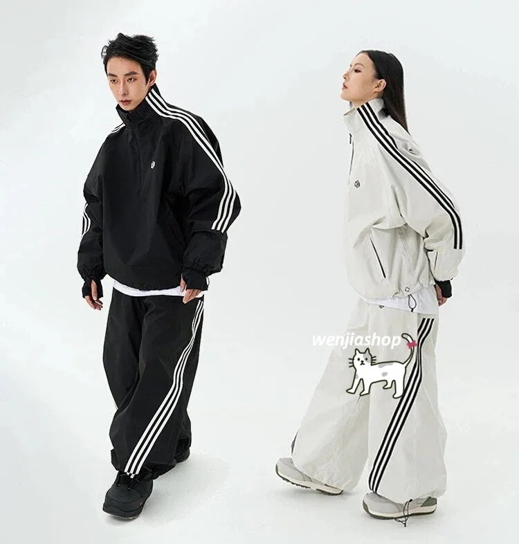 スノーボードウェア 25 上下セット メンズ レディース アウター ジャケット パンツ ズボン ゆったり ストライプ ヒョウ柄 黒 白 スノーウェア スキーウェア スノボウェア韓国風01