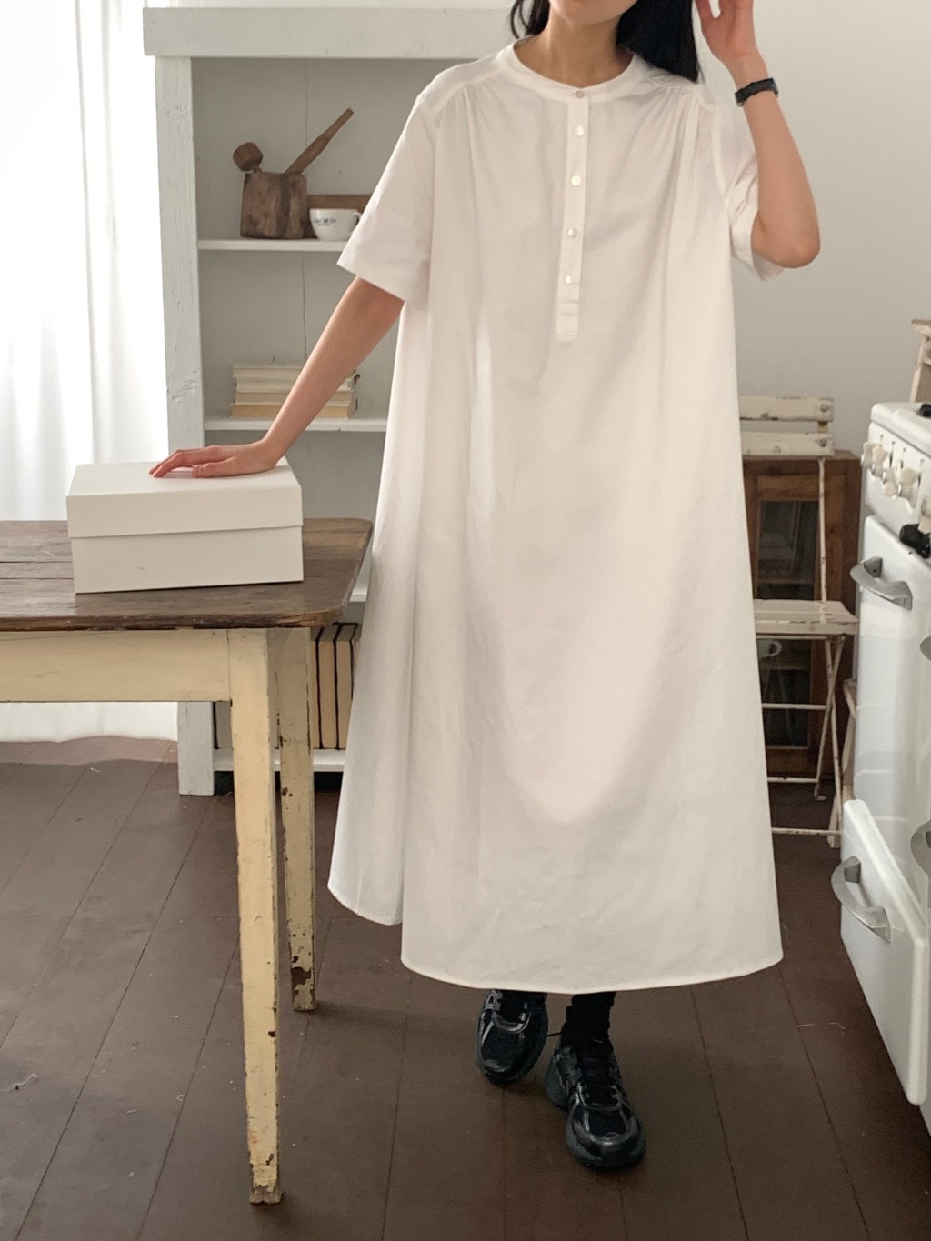 シャツワンピース　バックリボン　ロング丈