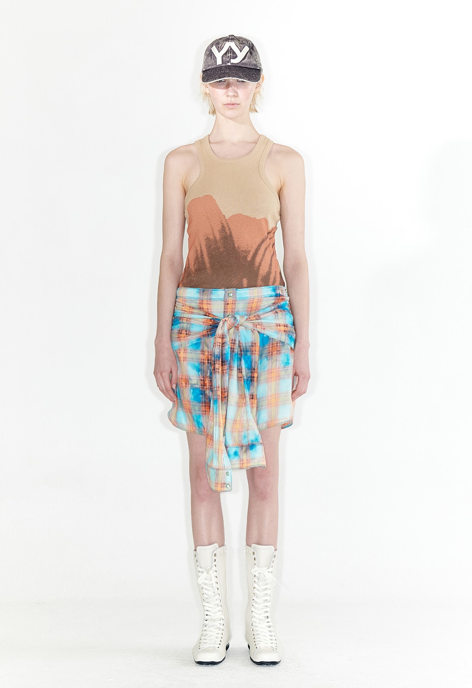 【OPEN Yy】 FADED CHECK SHIRT SKIRT : BLUE