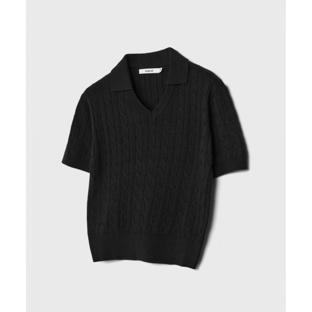 KIIMUIR (レディース) コットンオープンカラーケーブルハーフニット_ブラック