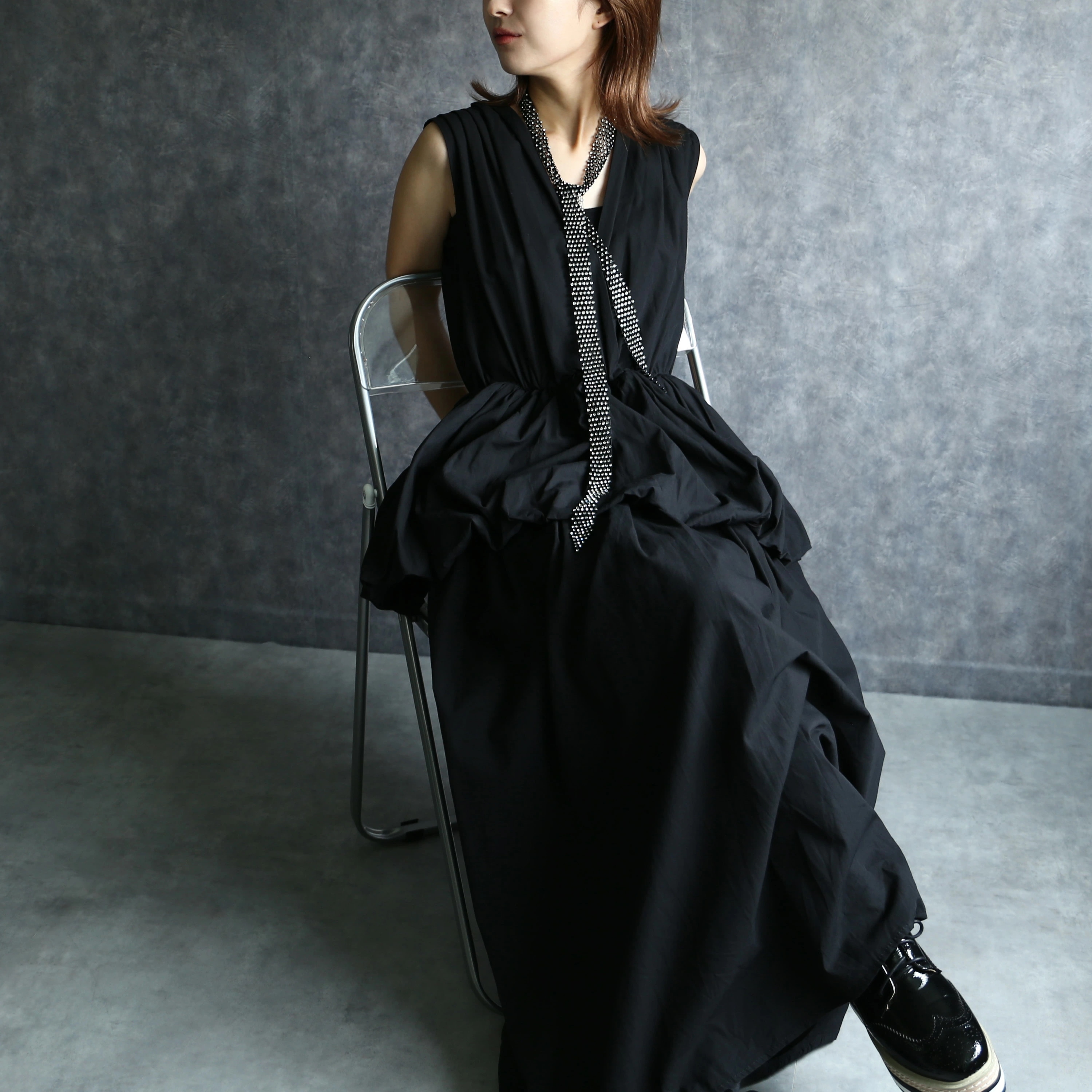 バブルヘム ノースリーブ ワンピース バルーン レディース きれいめ 大人 シンプル Vネック ロング 無地 セミフォーマル カジュアル ポケット付き 送料無料