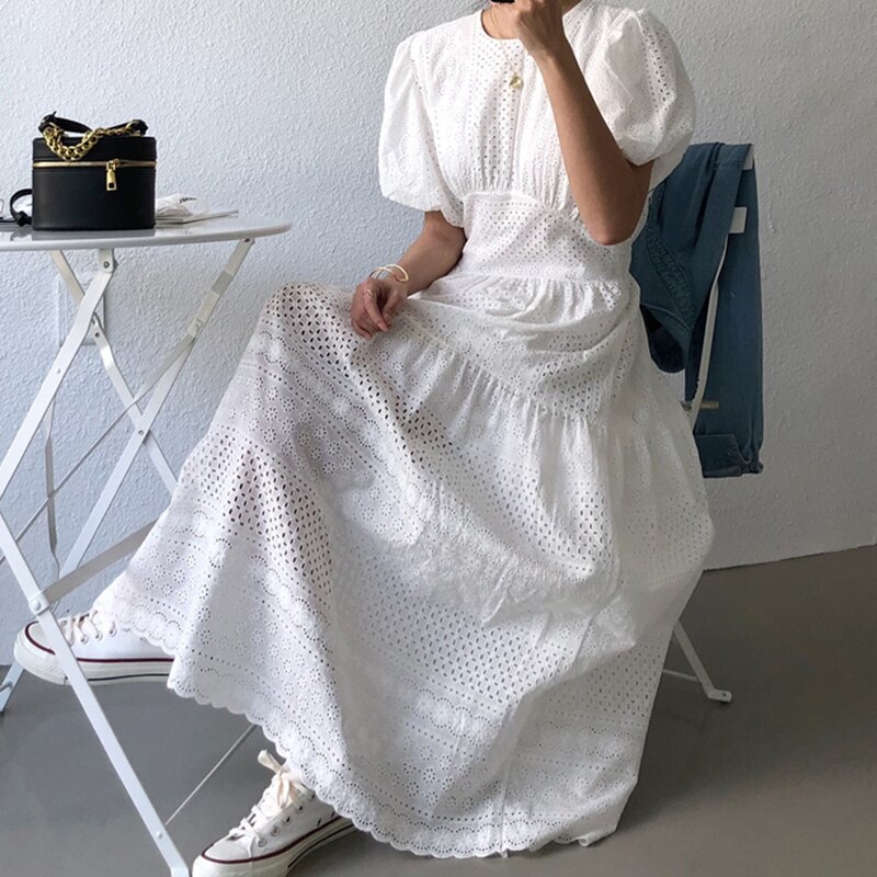 ワンピース ビンテージ ワンピース フレアワンピース l ロング丈 マキシ マキシ丈 半袖 ボリューム袖 Uネック 切り替えデザイン レース かわいい カジュアル おしゃれ 学生 デート お出か