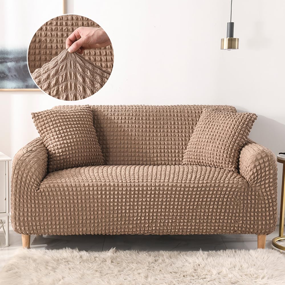 ソファカバー ソファーカバー マルチカバー 肘付き ストレッチ素材 伸縮性良く 柔らかい ふわふわ 北欧風デザイン ソファー保護 洗える 厚手 おしゃれ 優しい肌触り感 四季適用 (ライトブラウン,