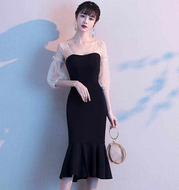 ドレス ワンピース ミドル丈 袖あり 半袖 スクエアネック マーメイド ハイウエスト かわいい 大人可愛い きれいめ シンプル 大人 上品 おしゃれ お洒落 無地 春 夏 秋 10代 20代 30代