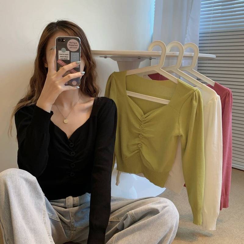 サマーニット トップス レディース 長袖 春 無地 ブラック ホワイト グリーン ピンク