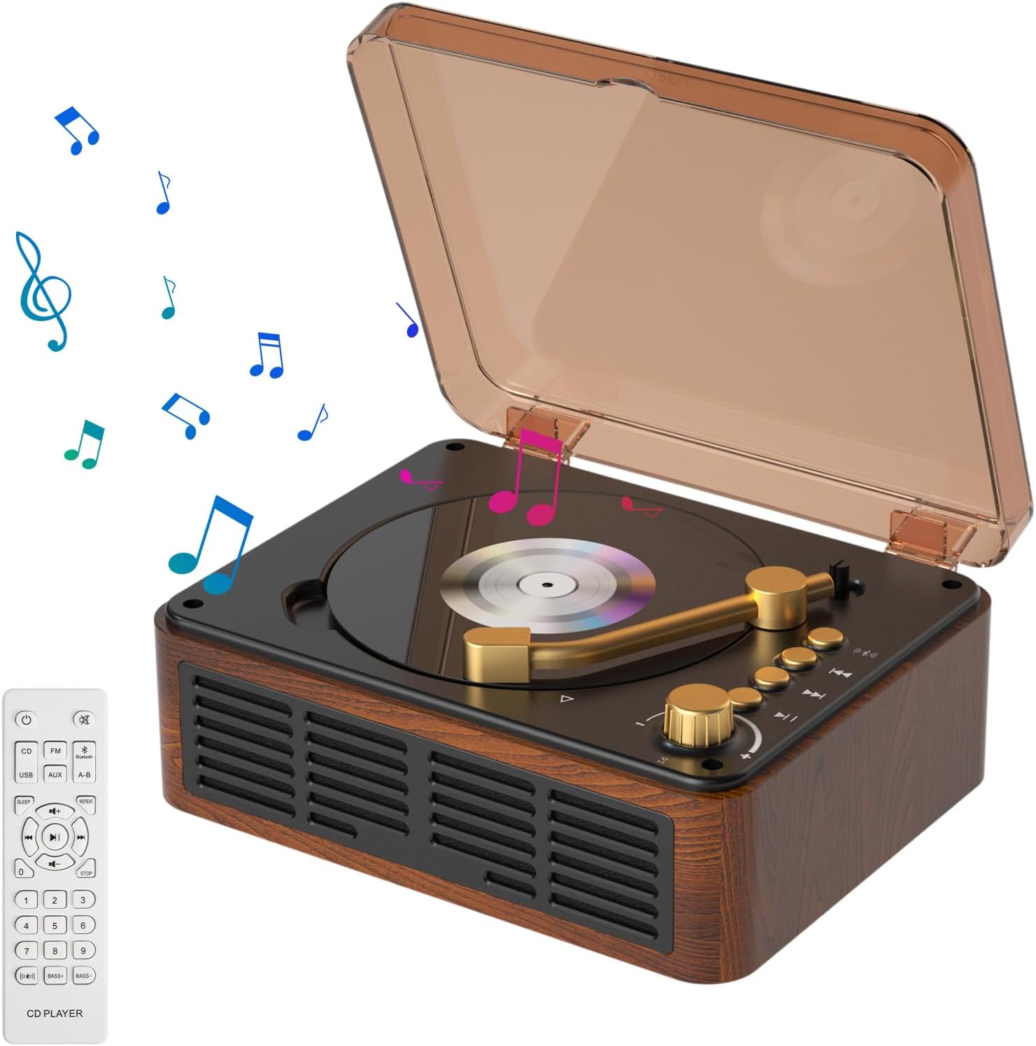 Gueray CDプレーヤー Bluetooth5.0 受信＆送信 レトロ ステレオスピーカー内蔵 CDプレイヤー CDラジカセ 卓上置き 一機多用 USB/FM/AUX A-Bリピート ポータブル