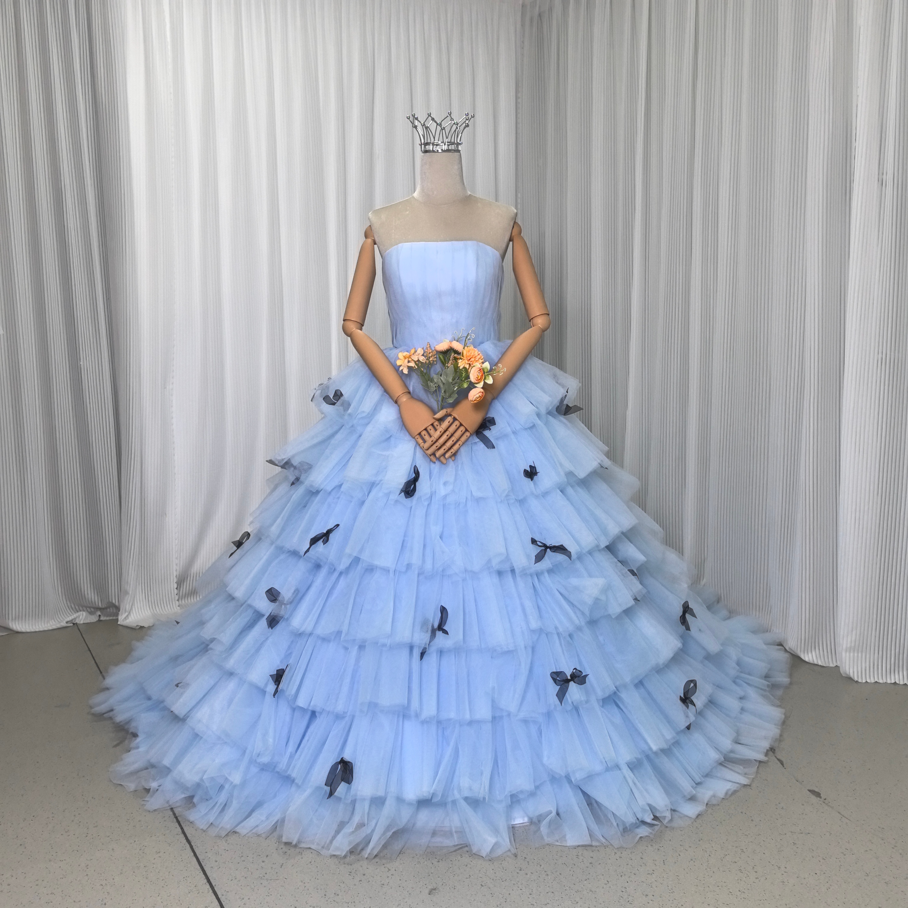 カラードレス ブルー ベアトップ リボン プリンセスライン チュールドレス 編み上げ 花嫁