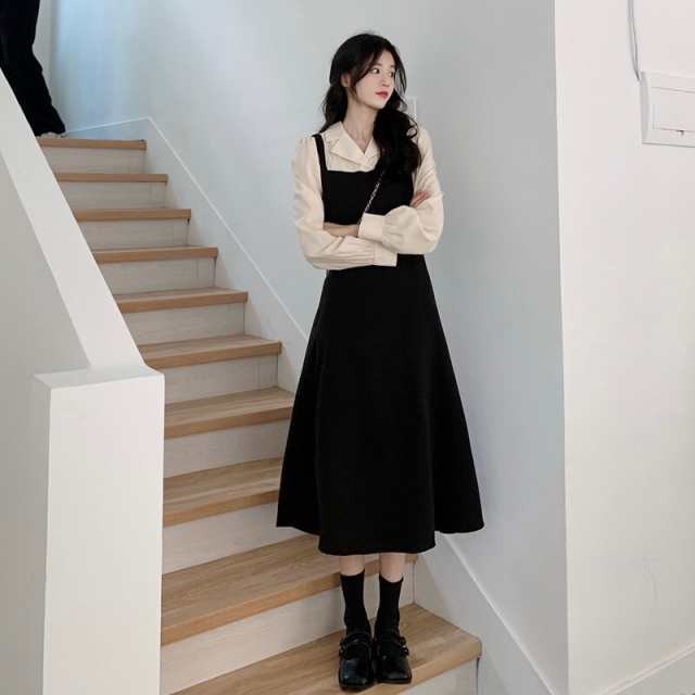 【2025新作入荷】ミモレ丈 ワンピース レディース フェイク ツーピース ロング丈 Aライン ジャンバースカート 長袖 大人可愛い 個性的 シャツワンピ かっ 5,287円