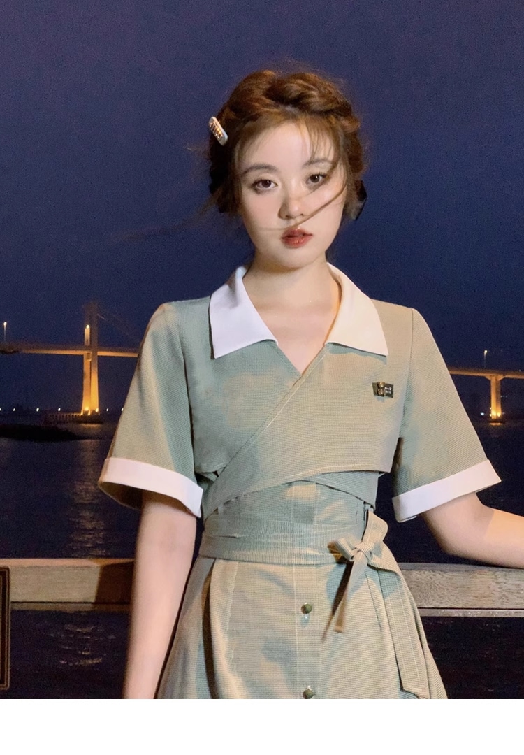 夏 甘い コントラストカラー スリム ドレス 大きいサイズ 個性的 ワンピース ロング ロング丈 袖あり 半袖 Vネック 襟付き かわいい 大人可愛い シンプル カジュアル おしゃれ お洒落