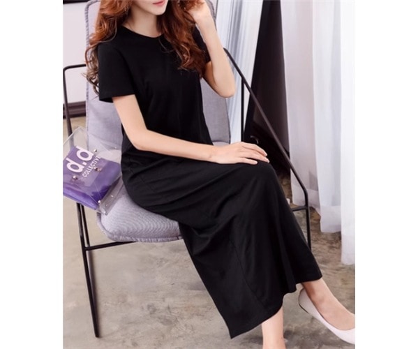 レディース ワンピース プルオーバー ロング マキシ 半袖 ラウンドネック ストレート Iライン スリット 綿 コットン 大人可愛い シンプル カジュアル 上品 おしゃれ かっこいい レトロ ラフ