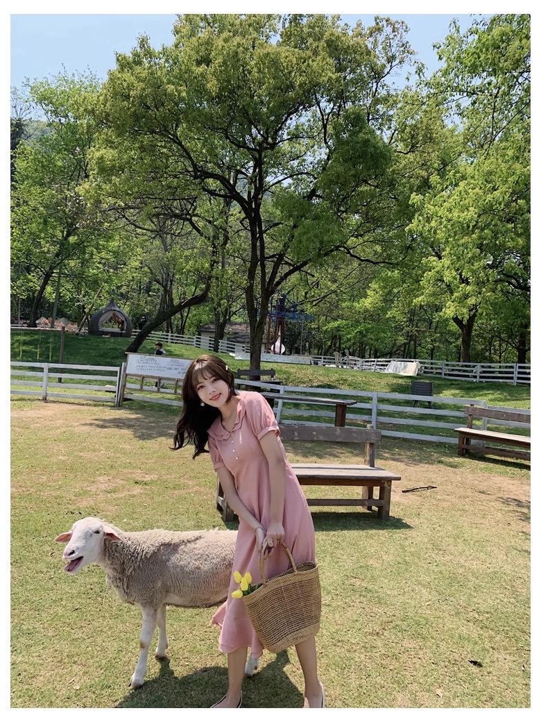 夏 韓国 スタイル 女性 無地 フレンチ パープル 半袖 ミッド レングス ドレス ワンピース 膝下 袖あり 半袖 Vネック 襟付き かわいい 大人可愛い 大人 上品 おしゃれ お洒落 こなれ感 ラフ