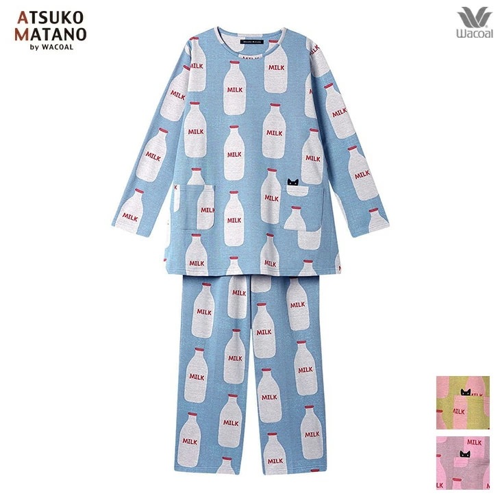 マタノアツコ ワコール wacoal パジャマ ルームウェア ナイトウェア 寝間着 部屋着 レディース 長袖 ミルク柄 黒猫モチーフ MEME 春夏 HDX551