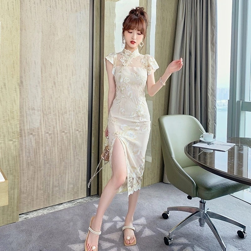 【JY.上品】 夏 レトロ デザインセンス 金糸 レース かぎ針編み 改良チャイナスカート スプリット スリム ワンピース フォーマル パーティードレス 同窓会 結婚式 披露宴 卒業式 演奏会 成人式