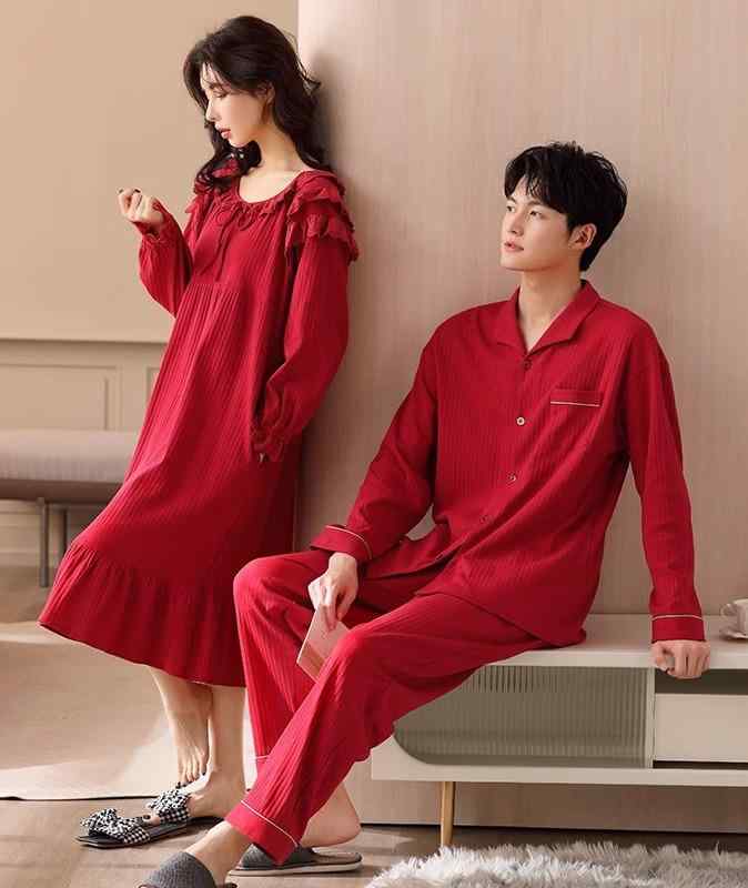 パジャマ レディース メンズ 春秋 ワンピース 長袖 カップル 夫婦 上下セット ルームウェア 部屋着 大人 綿 トップス ズボン ウエストゴム 大きいサイズ フリル リボン 通気性 毛玉になりにくい