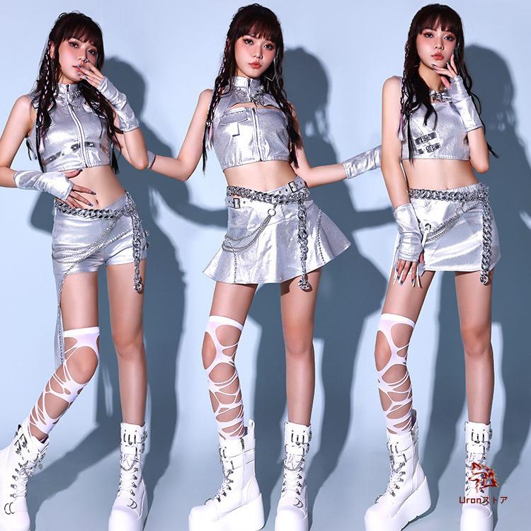 [新品入荷]シルバー アイドル衣装 韓国 ダンス衣装 セットアップ 大人 レディース かっこいい ヘソ出し スカート 短パン ヒップホップ ジャズ ステージ衣装 韓国 アイドル