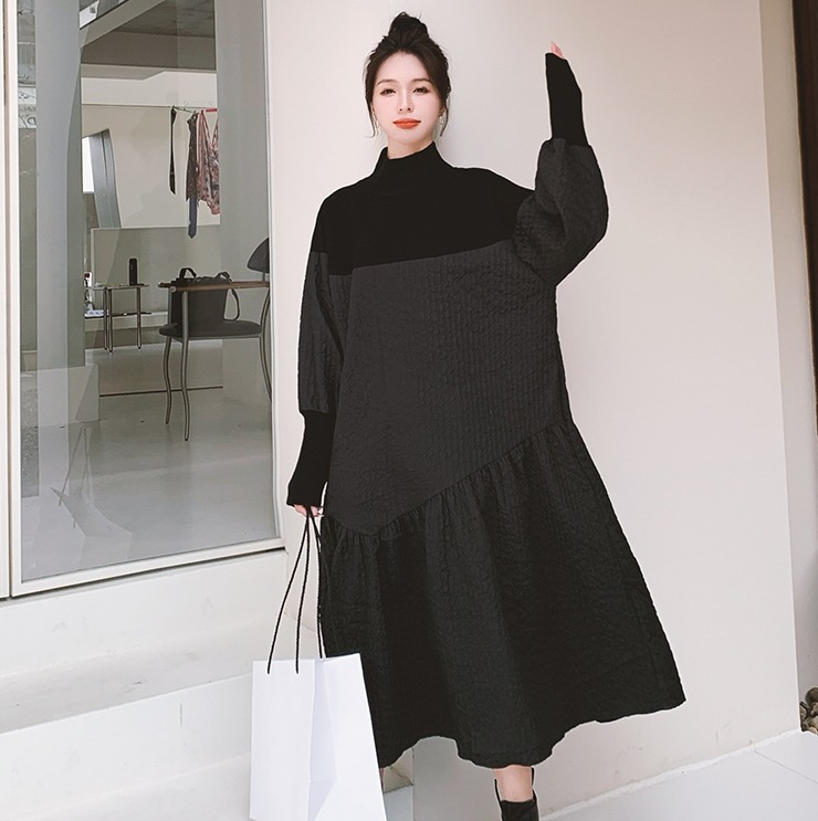 ワイドAラインスカート ブラックロング丈ワンピース 異素材ミックスワンピース カジュアルワンピース スカート ワンピース プルオーバー オールインワン ロングスカート フレアスカート 膝下 ロング 8,087円