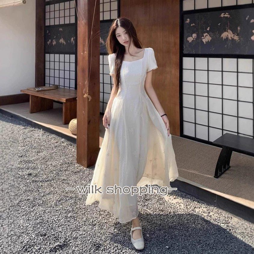 夏ワンピース 半袖 ロングワンピース Aライン 花刺繍　丸ネック サマー 夏コーデ 体型カバー 20代30代 黒 白 40代 ママ フォーマル OL 大人 シンプル