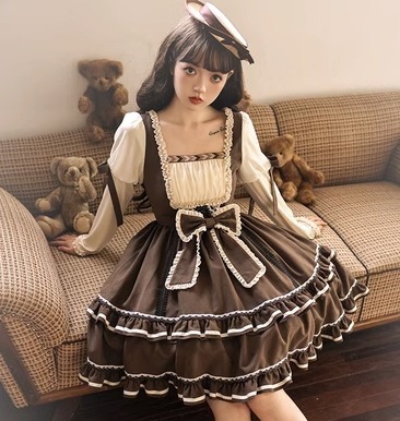 デザイン ワンピース ロリータファッション 膝丈 長袖 ドッキング リボン デザイン 美ライン ニュアンス ベルト かわいい 大人可愛い きれいめ シンプル カジュアル 大人 上品 おしゃれ お洒落