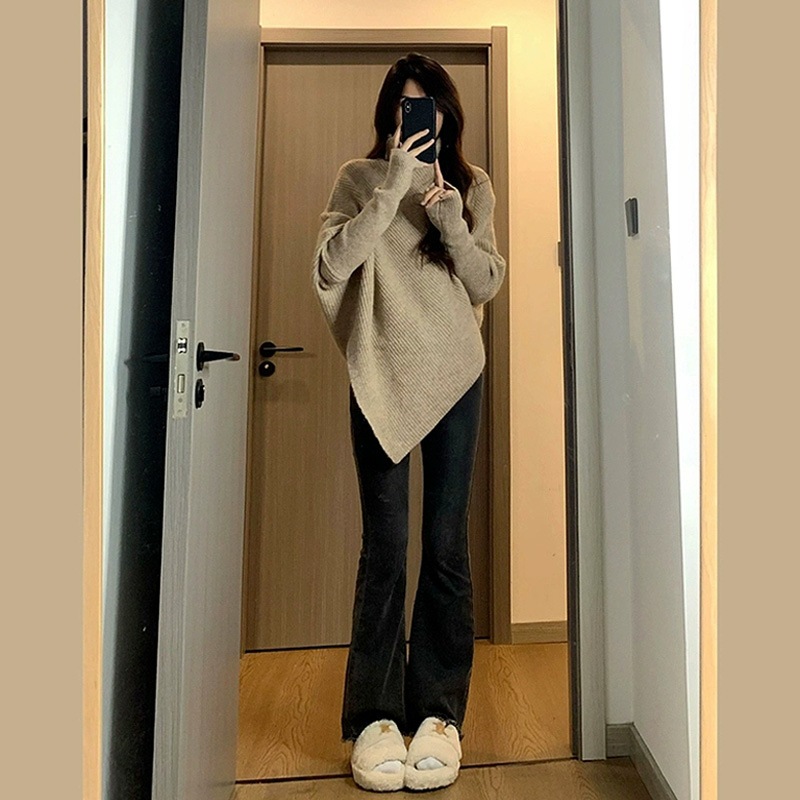 5年秋冬の女性用不規則なタートルネックセーター新しいスリムでハイエンドのソフトでワックス状の厚いトップ韓国風怠惰なスタイル