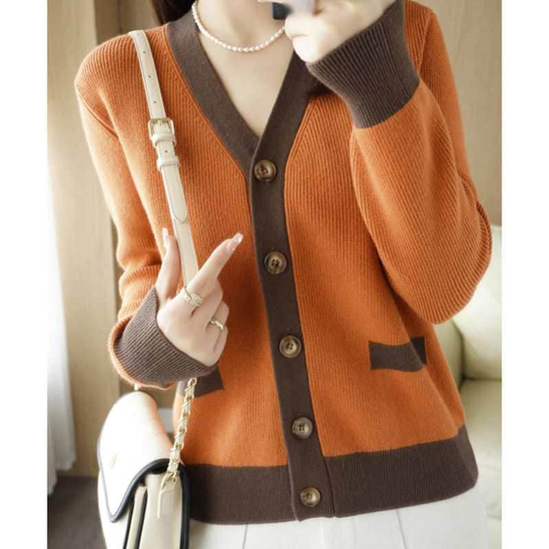 バイカラー レディース Vネック 白 長袖ニット 女 かわいい キレイめ 仕事 軽量 通勤春 かーでがんレディース 茶色 可愛い 着痩せ カシミヤタッチ カーディガン ボレロ 上品 アウター