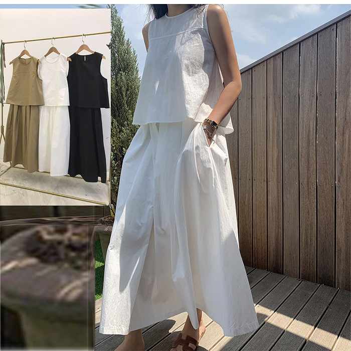 新品掲載！コットンセットアップノースリーブトップス＆ワイドミモレ丈スカート　ウエストゴム　フリーサイズ