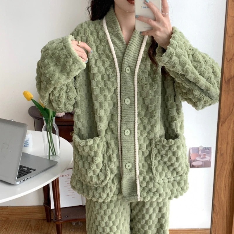 セット アップ 可愛い おしゃれ 柔らかい スイート ウォーム 柔らかい コーラルフリース パジャマ カジュアル フランネル ホームウェア