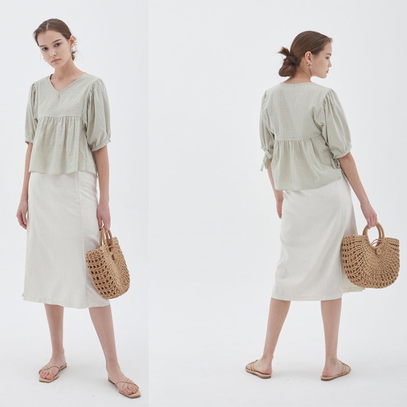 LINEN SLIT LONG SKIRT_OATMEAL
