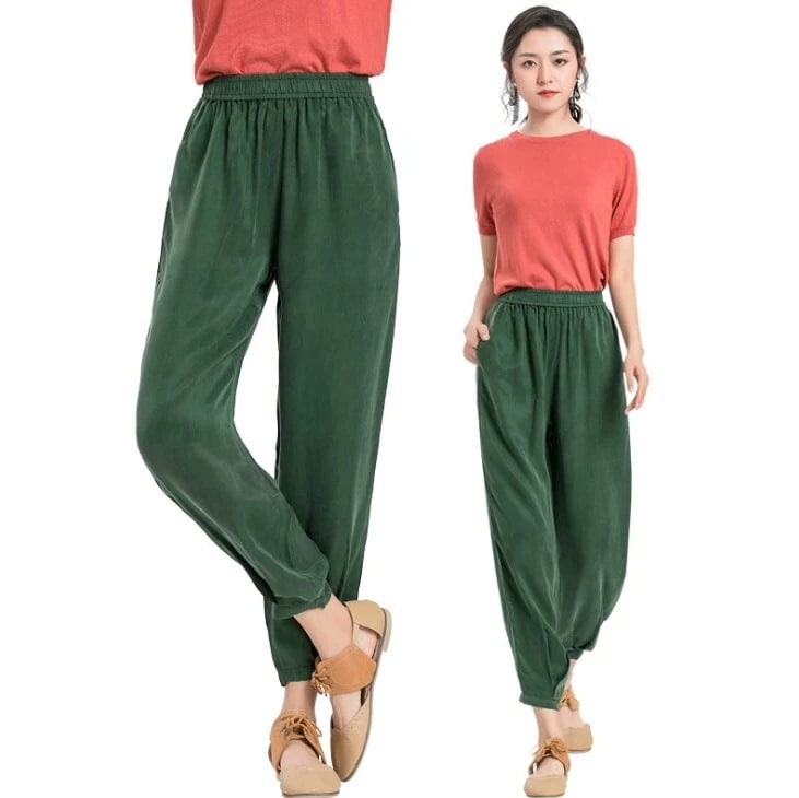 パンツ レディース 9分丈 アンクル ポケット ウエストゴム 大人可愛い シンプル カジュアル 光沢感 無地 春 夏 秋 学生 通学 デート お出かけ グリーン ブラック パープル ボトムス