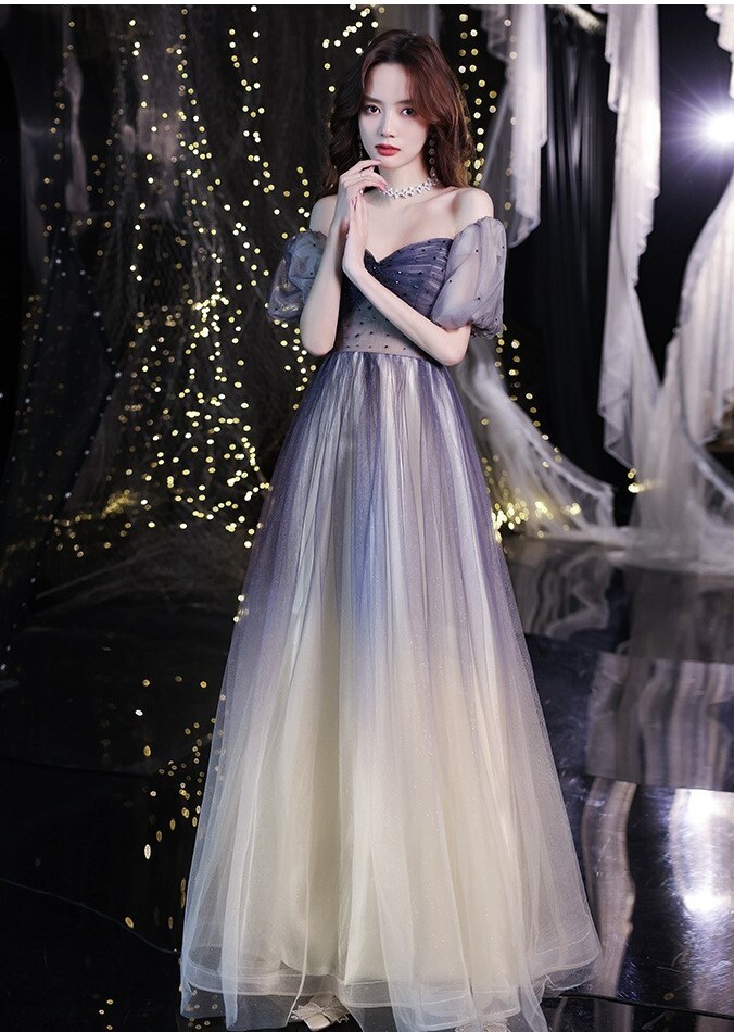 ドレス ワンピース ワンピ ロング ロング丈 Aライン フレア 袖あり 半袖 ラウンドネック イブニングドレス グラデーション ドット柄 水玉 スパンコール レディース 上品 きれいめ かわいい